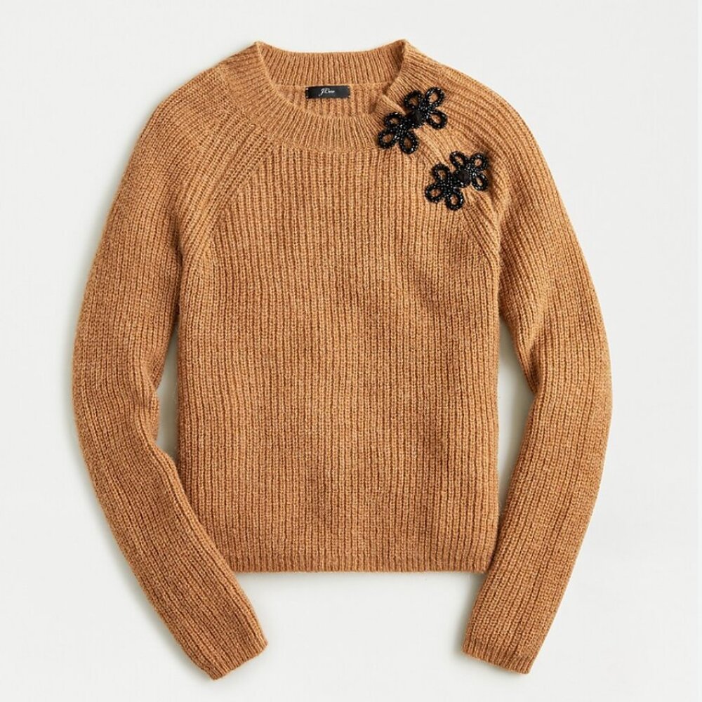 J. Crew Camel Knit Sweater with Black Beaded Appliqué